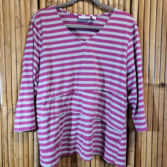 D & Co Denim & Company Multi Layer Top XL Magenta/Gray Stripe - Picture 1 of 6